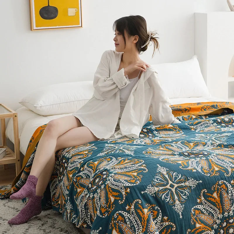 DecorBites™ Geometric Cotton Gauze Summer Blanket – Stylish Home Textile for Adults