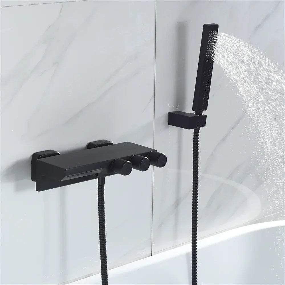 DecorBites™ Gold/Black Tub Shower Set Wall Mount Waterfall Mixer Tap Brass Rotatable