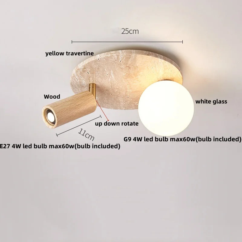 DecorBites™ Acrylic LED Ceiling Lamp Yellow Travertine Wood Canopy Wabi Sabi Style