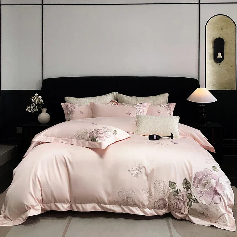 DecorBites™ Butterfly Flowers Embroidery 600TC Egyptian Cotton Bedding Set: Duvet Cover, Bed Sheet, Pillowcases