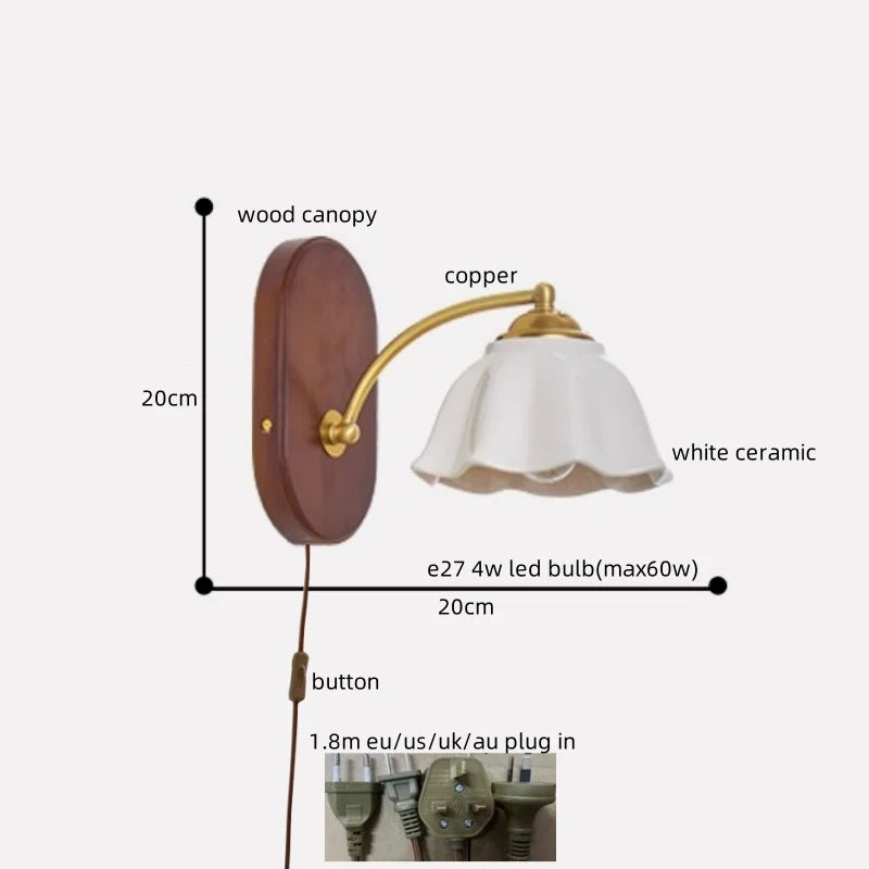 DecorBites™ LED Japanese Style Wall Lights Copper Wood Bedside Lamp for Home Bedroom