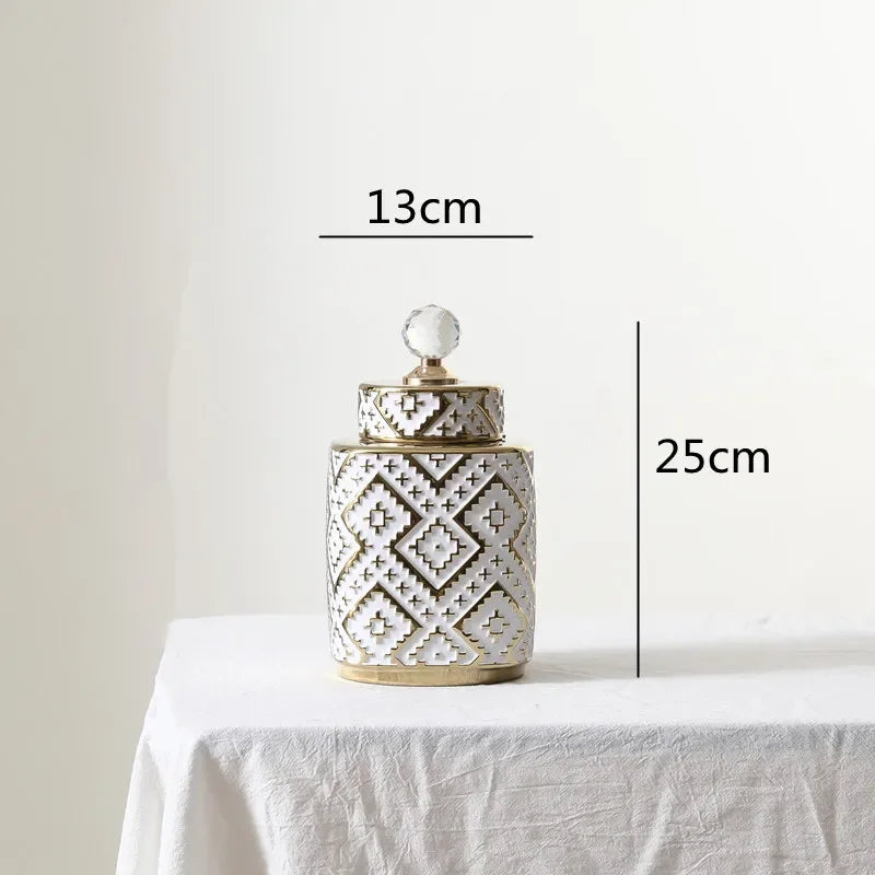 DecorBites™ Geometric Golden Relief Decorative Jar - Ceramic Crystal Vase Storage Jar