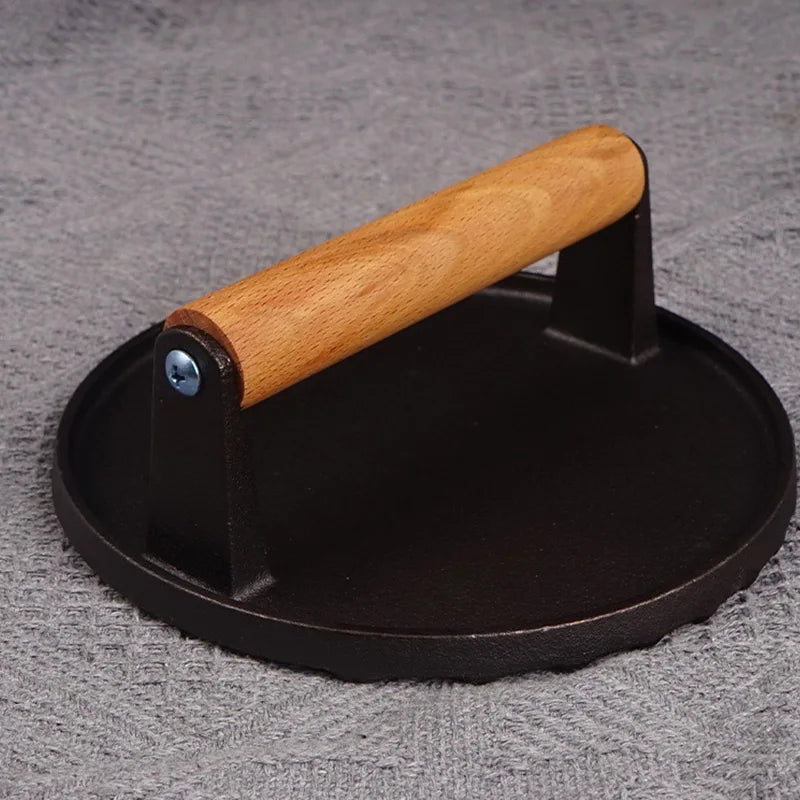 DecorBites™ Cast Iron Steak Press Plate with Wooden Handle - Kitchen Barbecue Tool