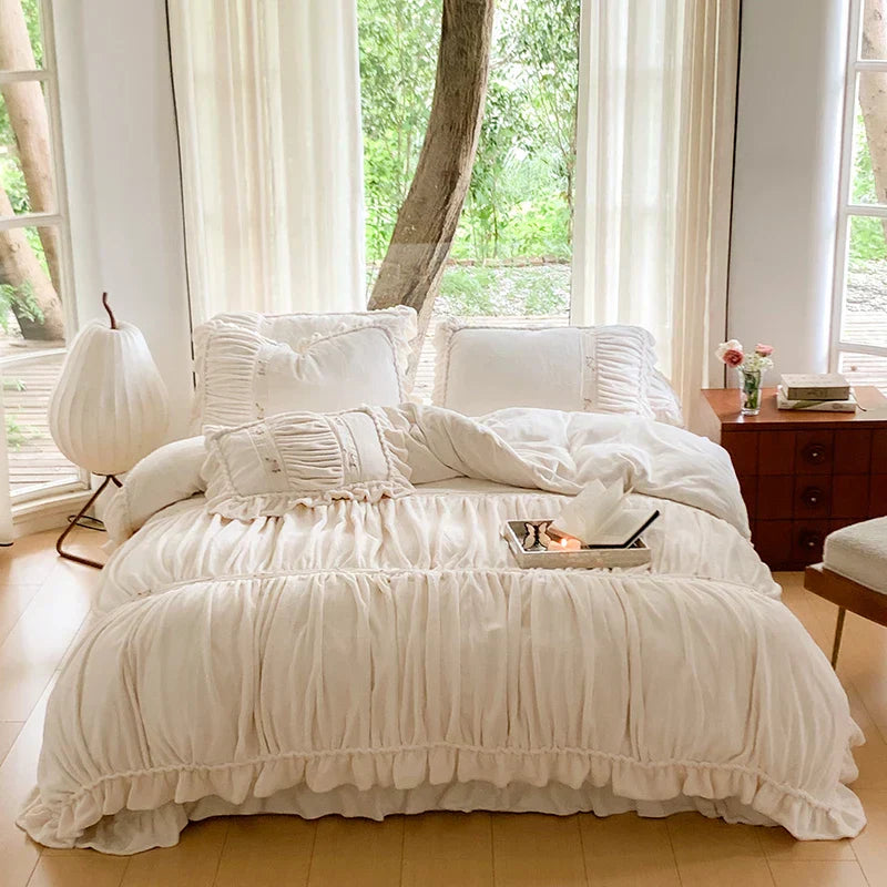 DecorBites™ French Pleat Lace Ruffles Bedding Set, Velvet Fleece Duvet Cover, Embroidered Flowers
