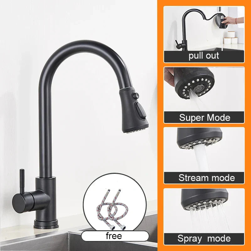 DecorBites™ Black Pull Out Kitchen Sink Faucet - Deck Mounted Stream Sprayer Kitchen Mixer Tap