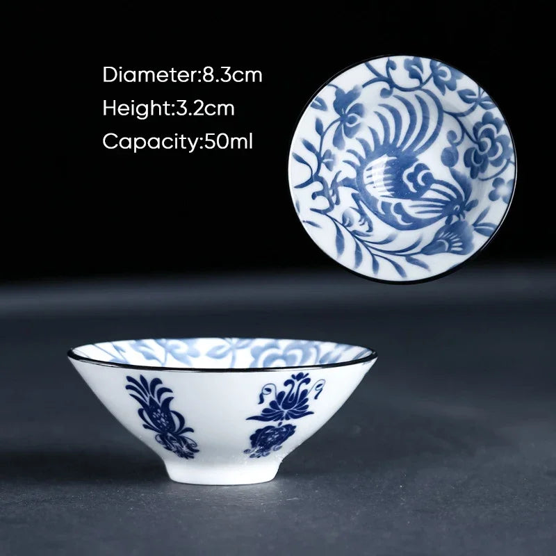 DecorBites™ Blue & White Ceramic Kung Fu Tea Cup, Japanese Style Porcelain Sake Espresso Mug