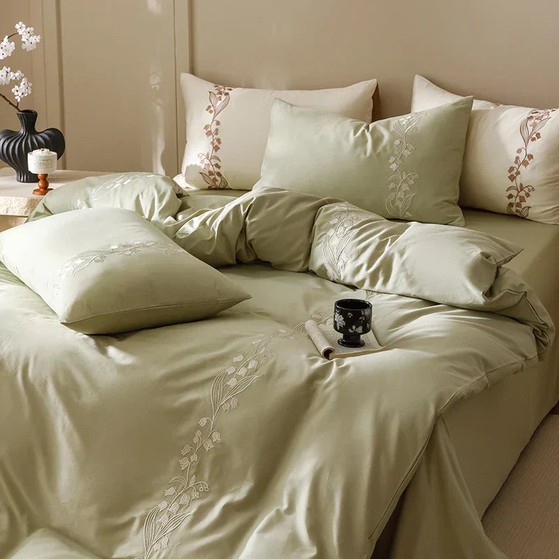 DecorBites™ Elegant Lily of the Valley Embroidery Brown Cotton Bedding Set