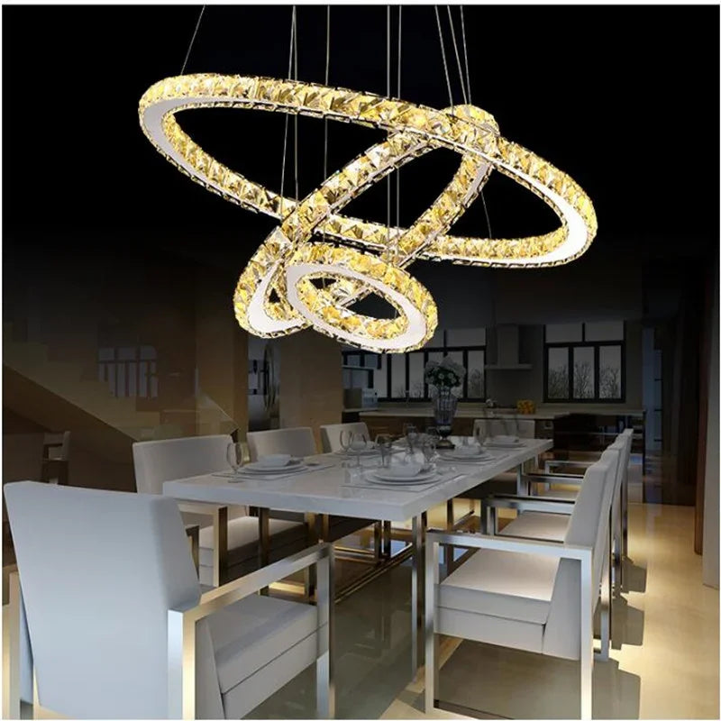 DecorBites™ Crystal Rings LED Chandelier, Chrome Lustre Ceiling Pendant for Living Room