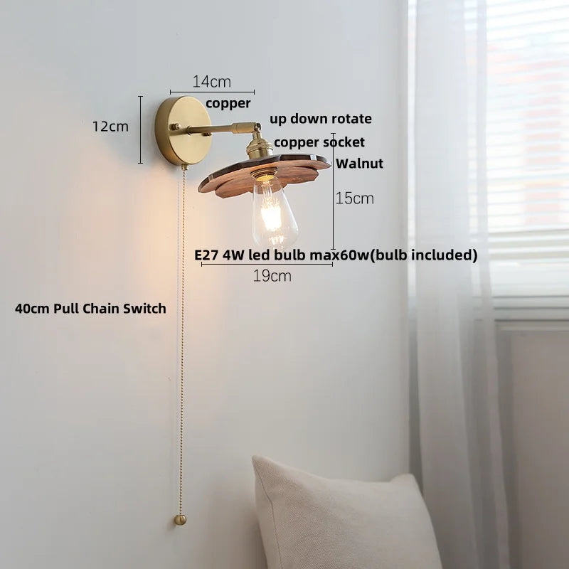 DecorBites™ LED Walnut Wood Wall Sconce with Pull Chain Switch