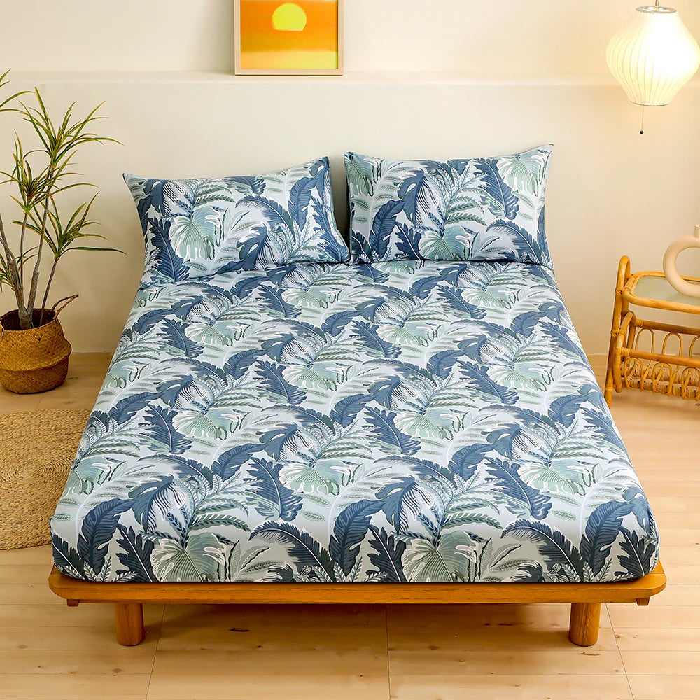DecorBites™ Green Leaf Flower Fitted Sheet Set with 2 Pillowcases for All Seasons