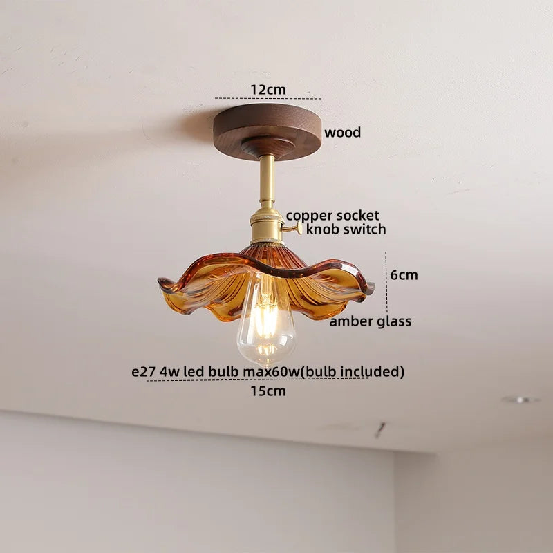 DecorBites™ Amber Glass LED Ceiling Light Modern Wood Canopy Kids Room Fixture
