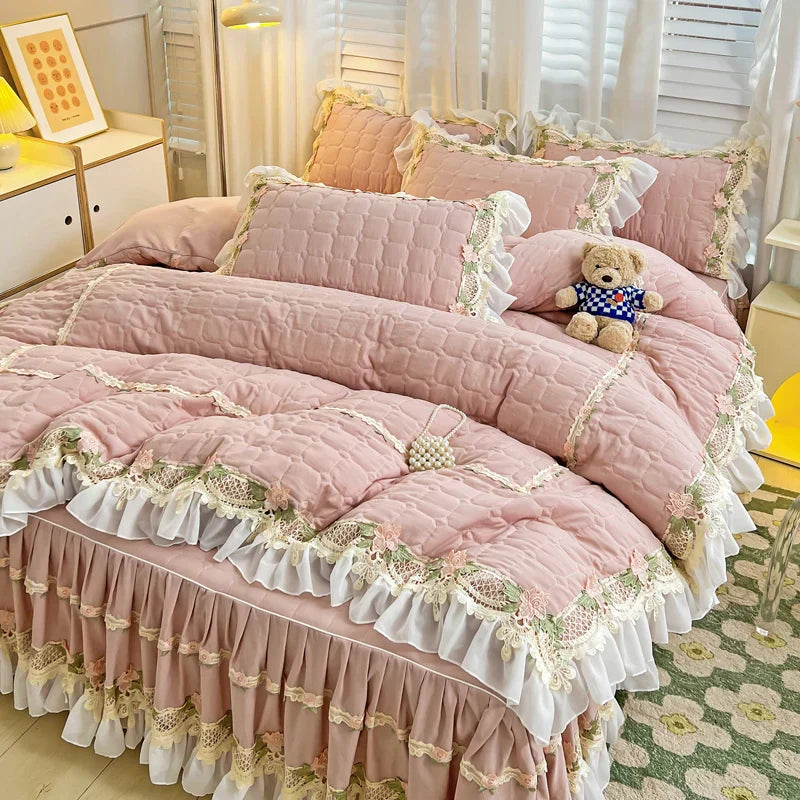 DecorBites™ Korean Princess Bedding Set: Flowers, Lace, Ruffles, Embroidery, Quilted, Duvet Cover, Bedspread