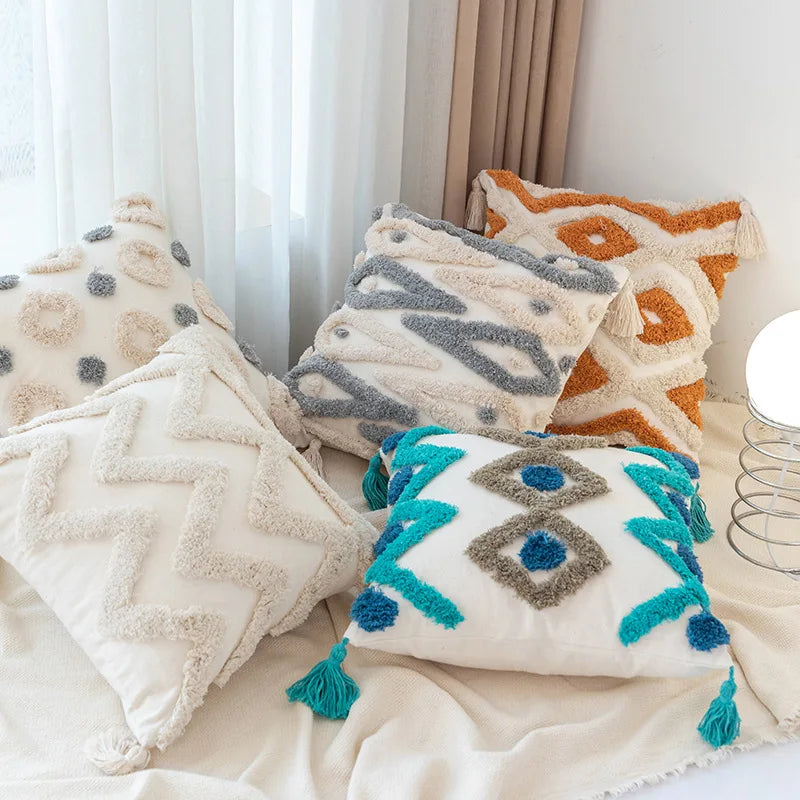 DecorBites™ Boho Square Pillowcase with Embroidery & Tassel Detail for Living Room Sofa