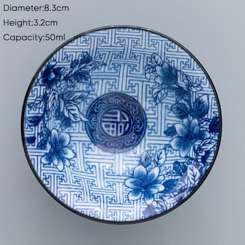 DecorBites™ Blue & White Ceramic Kung Fu Tea Cup, Japanese Style Porcelain Sake Espresso Mug
