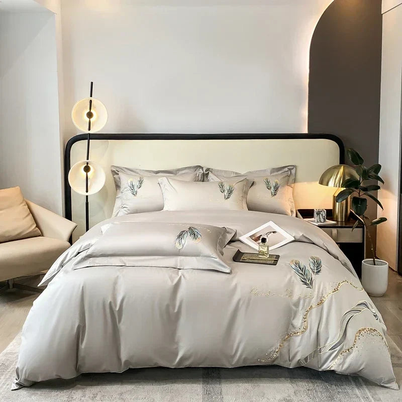 DecorBites™ Cotton Embroidery Bed Linens Set: Full-Queen-King Size, Sheet, Duvet Cover, Pillowcase