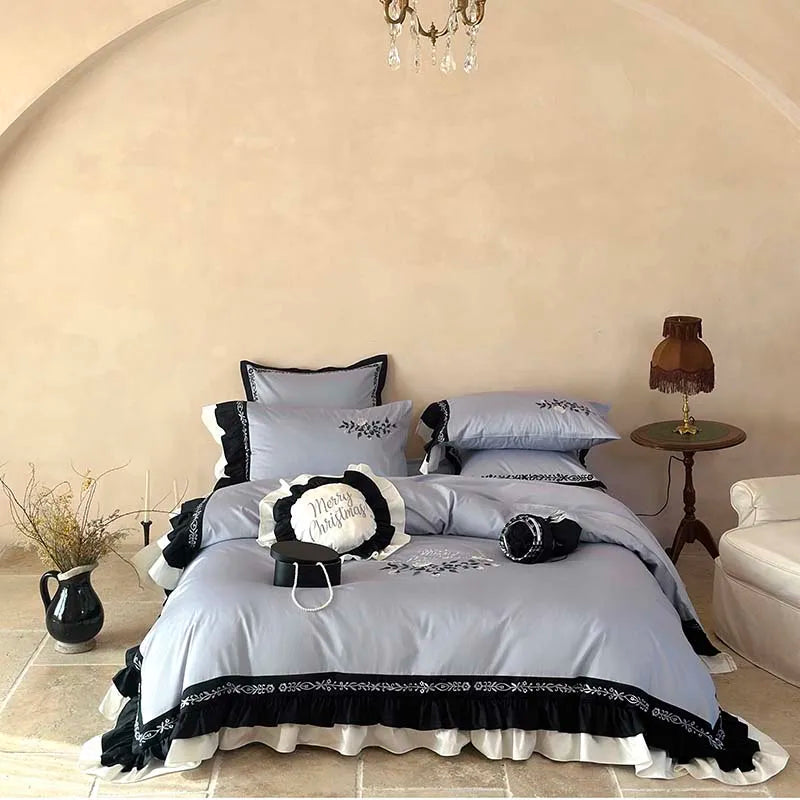DecorBites™ Flowers Embroidery Ruffles Cotton Bedding Set with Duvet Cover, Sheet, Pillowcases