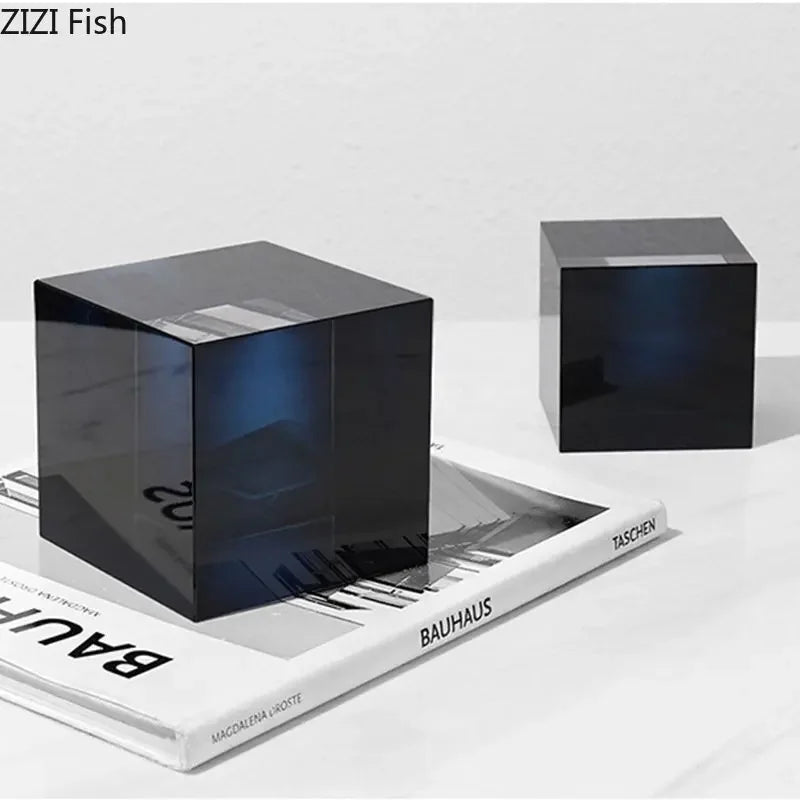 DecorBites™ Crystal Cube Ornaments Clear Glass Sculpture Desk Decoration Geo Graded Square