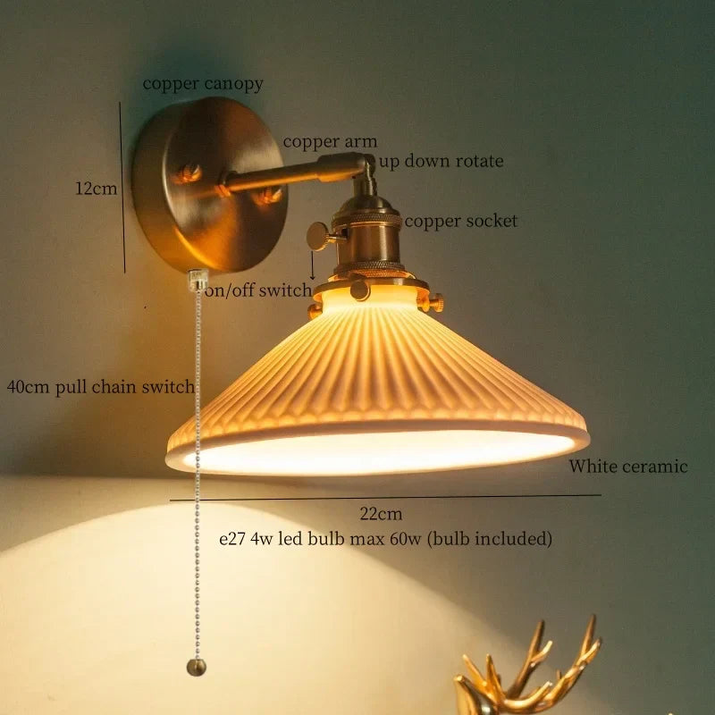 DecorBites™ Brass Ceramic LED Wall Light | Nordic Modern Bedside Lamp for Bedroom, Bathroom, and Sofa