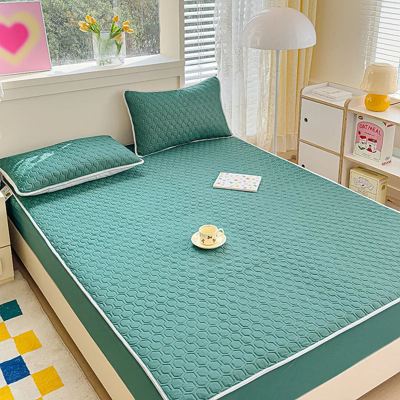 DecorBites™ Cool Silk Latex Fitted Sheet Set with Pillowcases, Summer Ice Silk, Single Double Bed