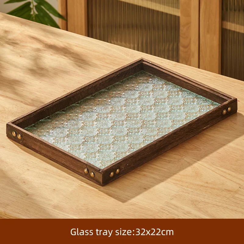 DecorBites™ Glass Wood Tea Table Tray, Rectangular Snack Food Fruit Bowl Serving Tray