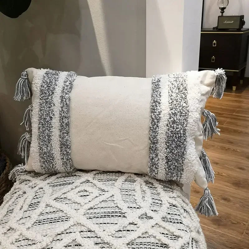 DecorBites™ Geometric Tufted Tassel Cushion Cover Cotton Canvas Fall Pillow Cover
