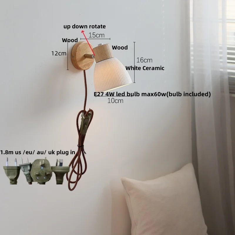 DecorBites™ Ceramic LED Wall Lights with Pull Chain Switch, Modern Wood Base Bedside Lamp