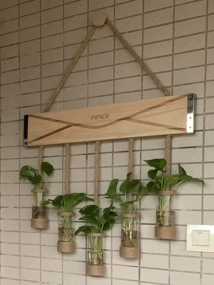 DecorBites™ Glass Planter Vase with Wooden Stand for Wall Hanging Display