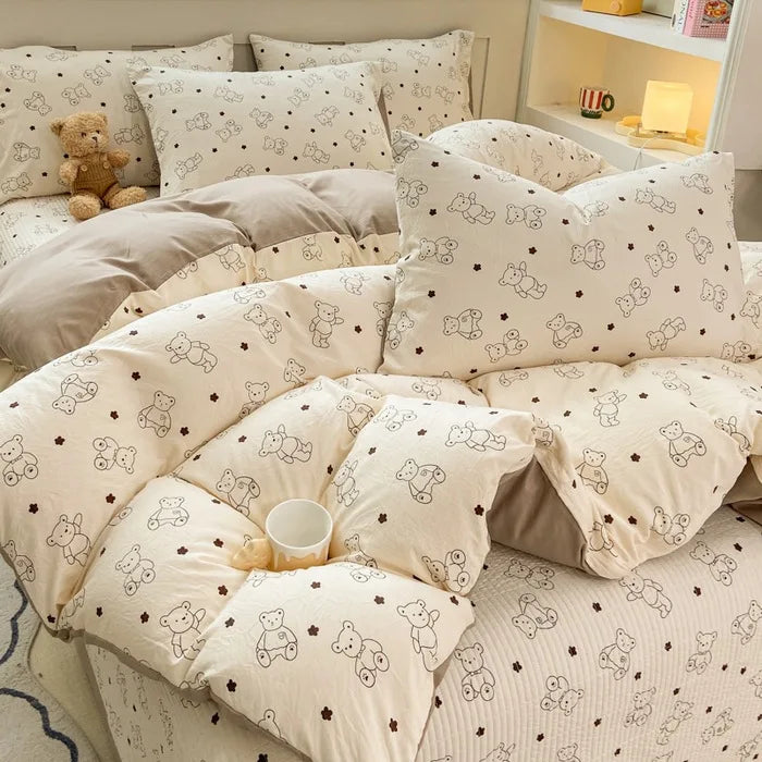 DecorBites™ Cartoon Cat Floral Duvet Cover Set - Pink Kids Girls Bedroom Decor