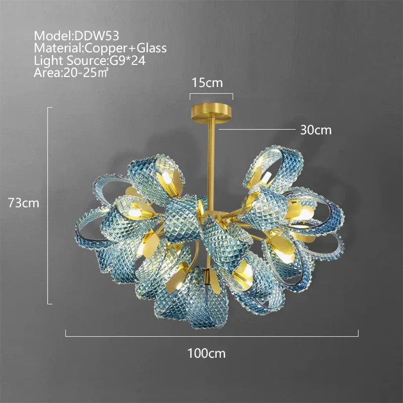 DecorBites™ Blue Glass Luxury Brass Ceiling Pendant Light - Creative Flower Design