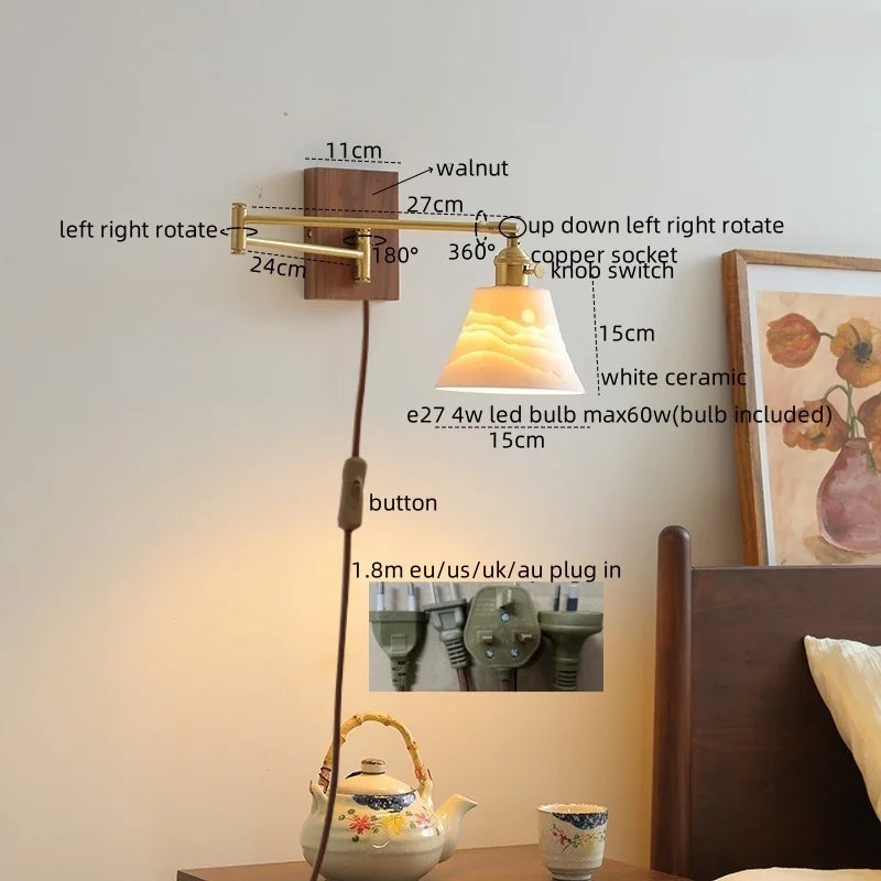 DecorBites™ Ceramic Walnut LED Wall Lights for Modern Bedroom Living Room, Pull Chain Switch
