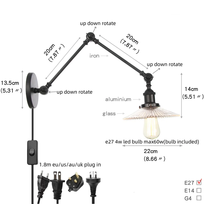 DecorBites™ Clear Glass Swing Arm Wall Light Fixture for Dining Living Room Cafe