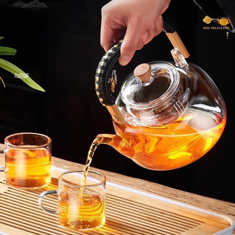 DecorBites™ Glass Tea Pot with Wooden Handle, 900ml Capacity & Absorbent Tea Towel
