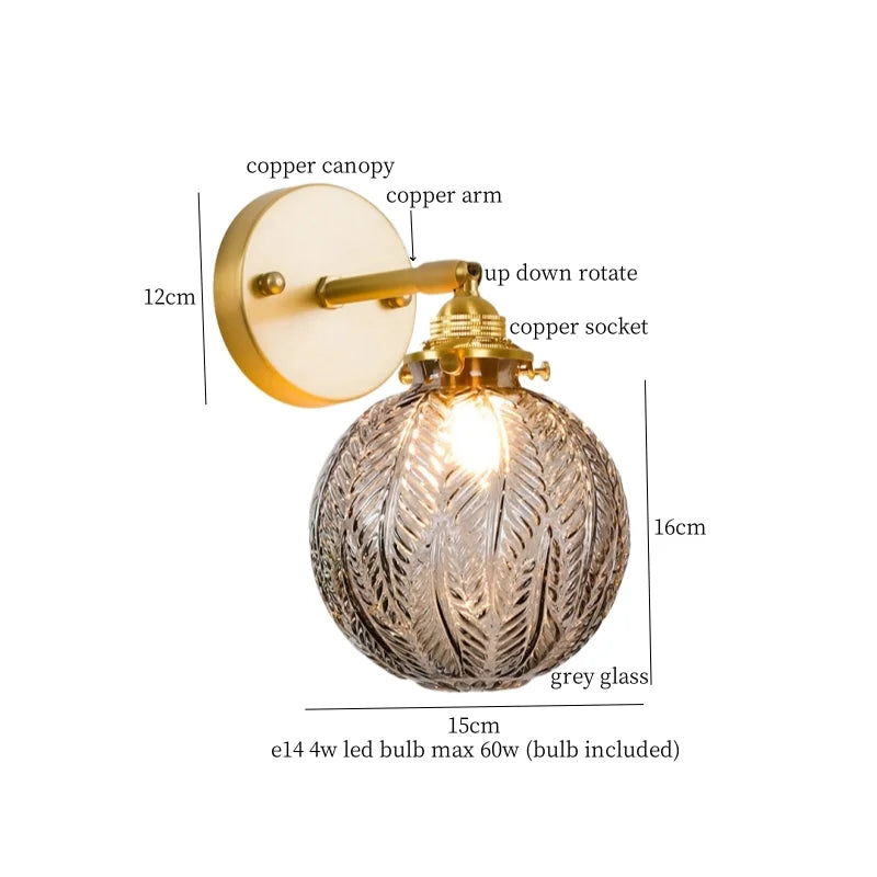 DecorBites™ Grey Glass LED Wall Lamp Bedroom Living Room Loft Modern Copper Wandlamp