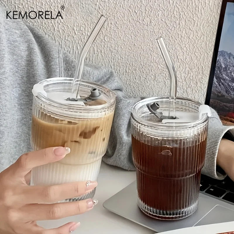 DecorBites™ 1/2PCS 450ml Stripe Glass Cup with Lid and Straw | Stylish Party Beverage Glasses