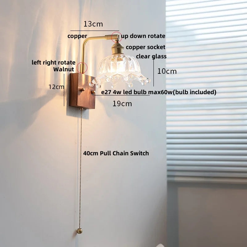 DecorBites™ Clear Glass LED Wall Light Walnut Bedside Lamp Modern Rotatable Brass Wall Lights