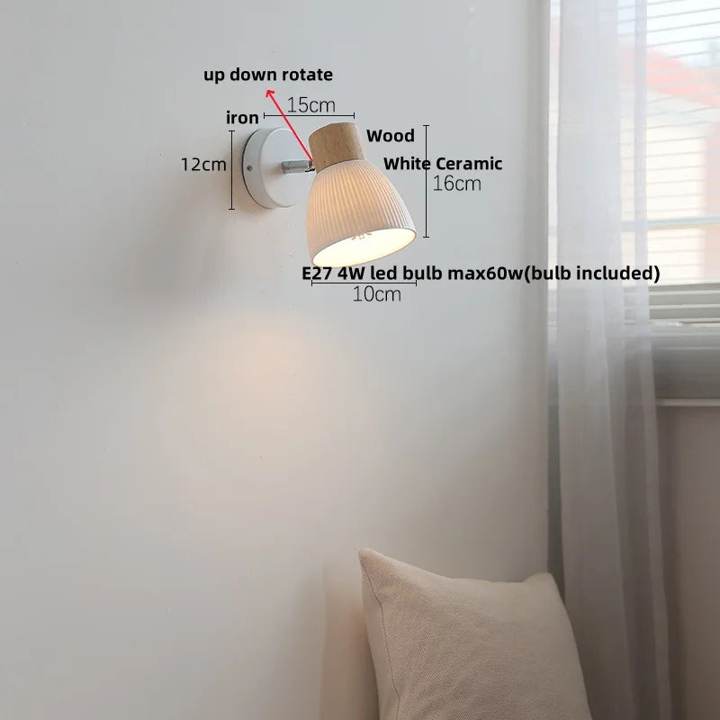 DecorBites™ Ceramic LED Wall Lights with Pull Chain Switch, Modern Wood Base Bedside Lamp