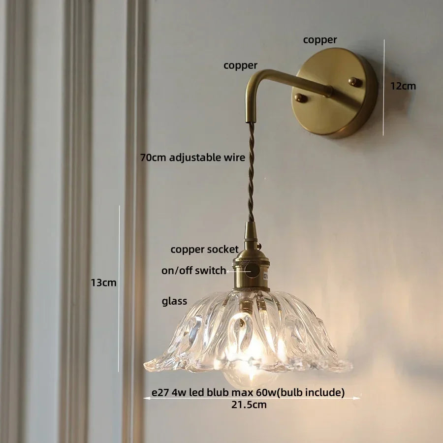 DecorBites™ Glass & Copper Green Flower LED Wall Sconce with Pull Chain