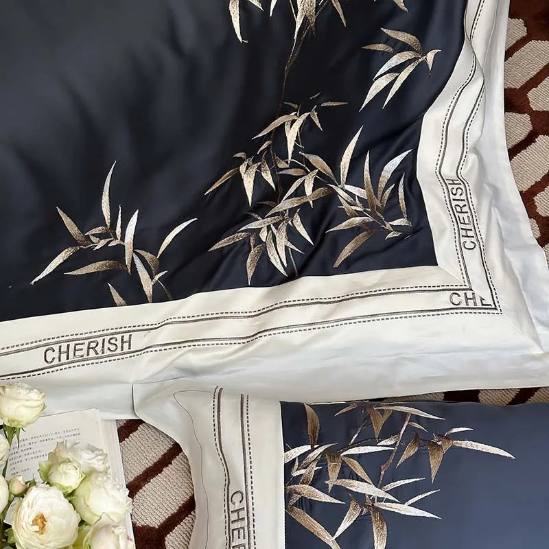 DecorBites™ Bamboo Embroidery 1000TC Egyptian Cotton Bedding Set in Luxury Dark Blue