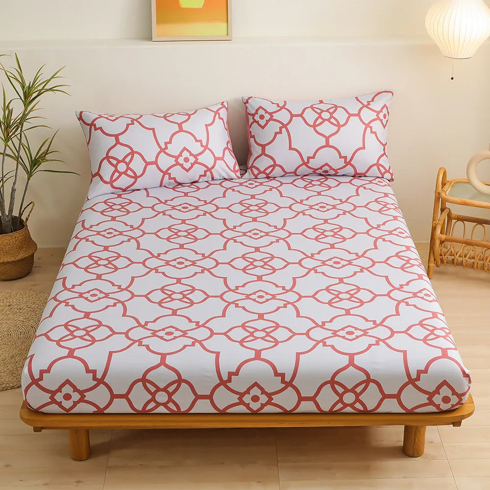 DecorBites™ Green Leaf Flower Fitted Sheet Set with 2 Pillowcases for All Seasons