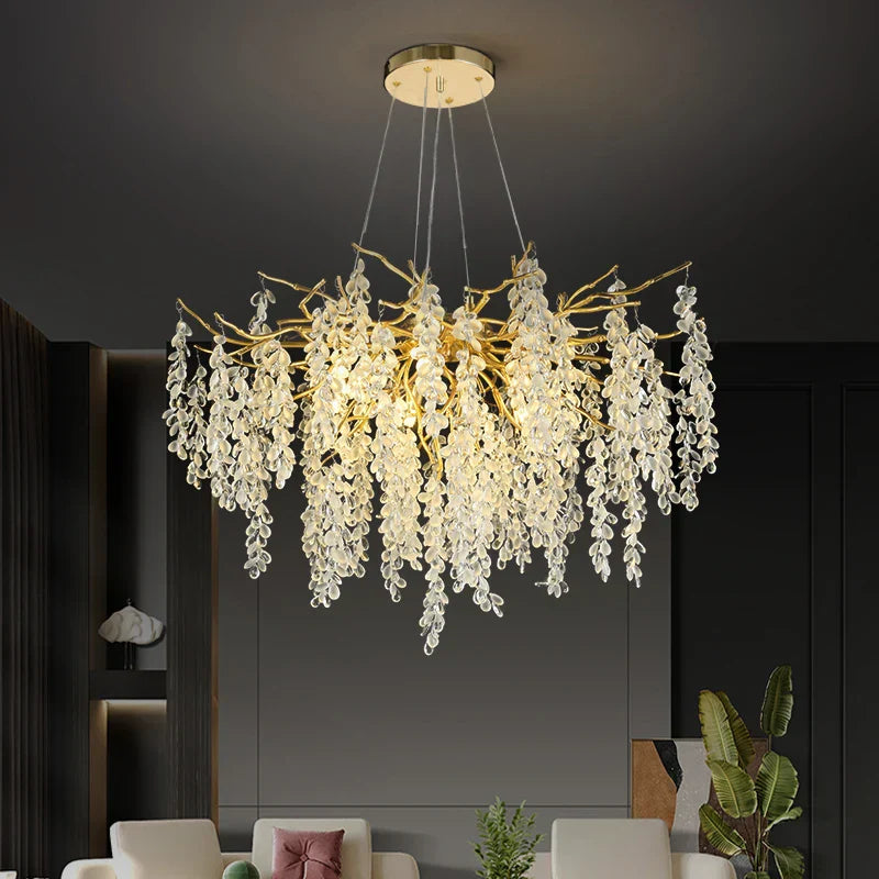 DecorBites™ Frosted Aluminum Golden Branch Crystal Chandelier