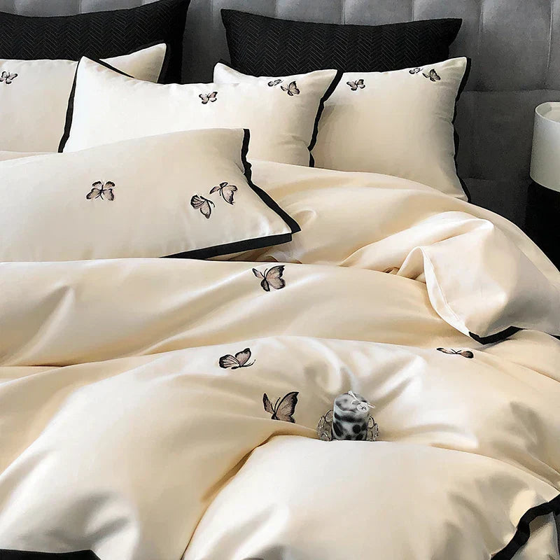 DecorBites™ 600TC Egyptian Cotton Butterfly Embroidery Bedding Set: Duvet, Sheet, Pillowcases
