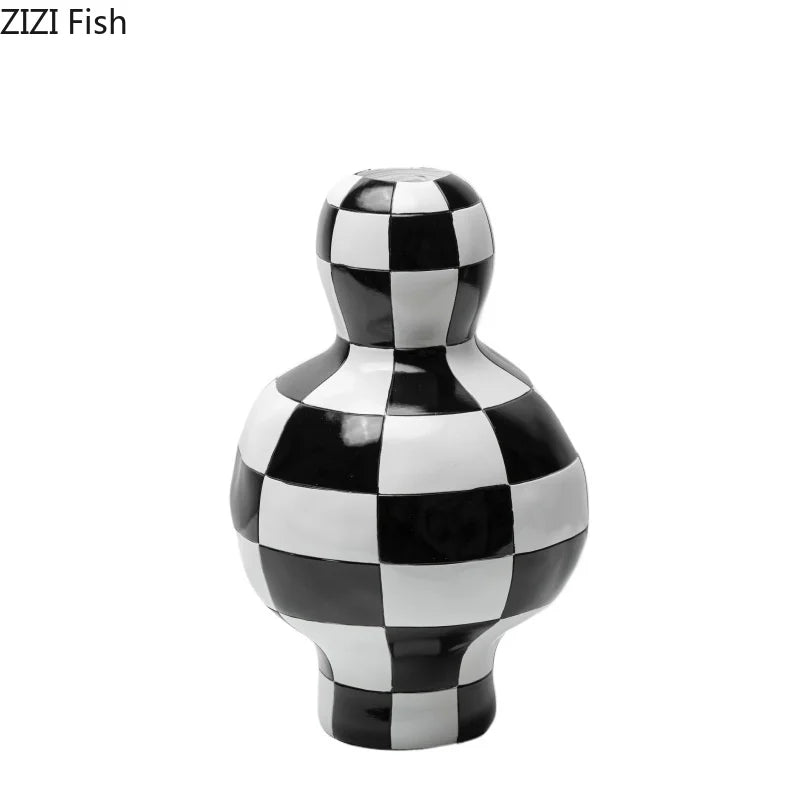 DecorBites™ Black White Check Vase Modern Crafts Room Decor Irregular Shaped Desk Decoration