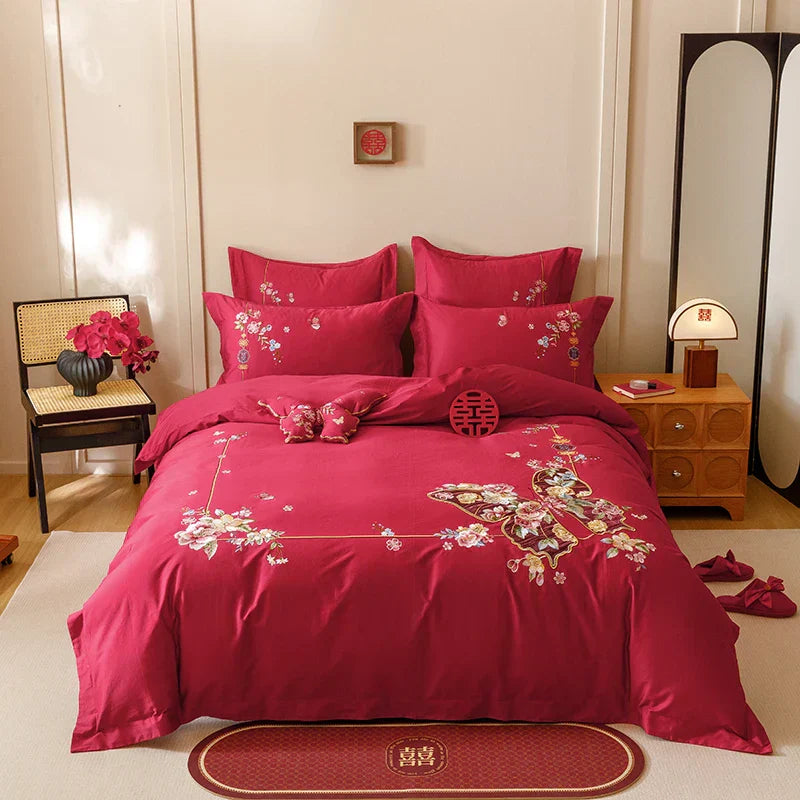 DecorBites™ Chinese Butterfly Flowers Embroidery Wedding Bedding Set - 1000TC Cotton