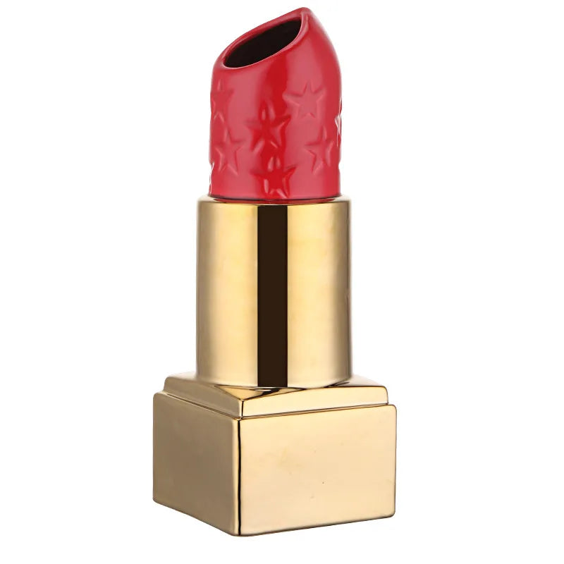 DecorBites™ Lipstick Shape Ceramic Vase: Cartoon Floral Arrangement Home Decor