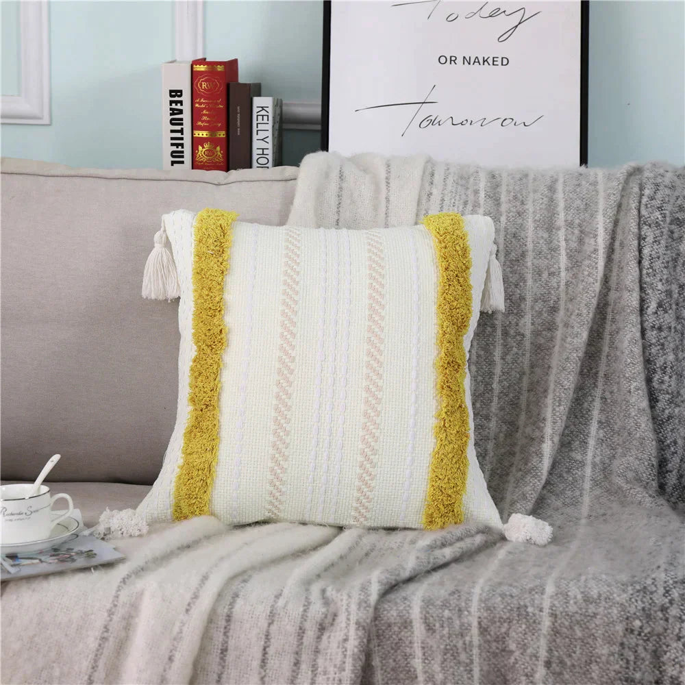 DecorBites™ Boho Woven Tassel Tufted Throw Pillow Case for Sofa Bed Chair