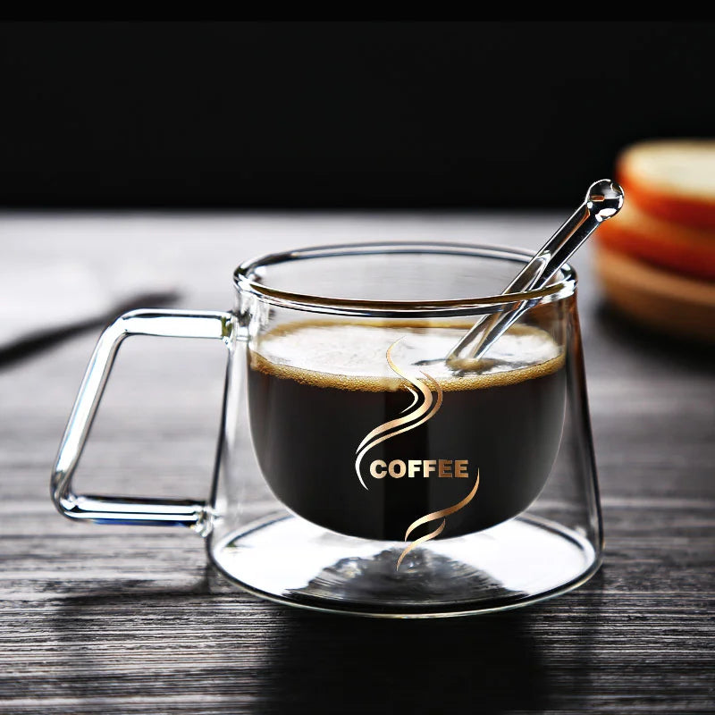 DecorBites™ Glass Double Wall Coffee Mug with Handle, 200ml Heat-resistant Espresso Cup