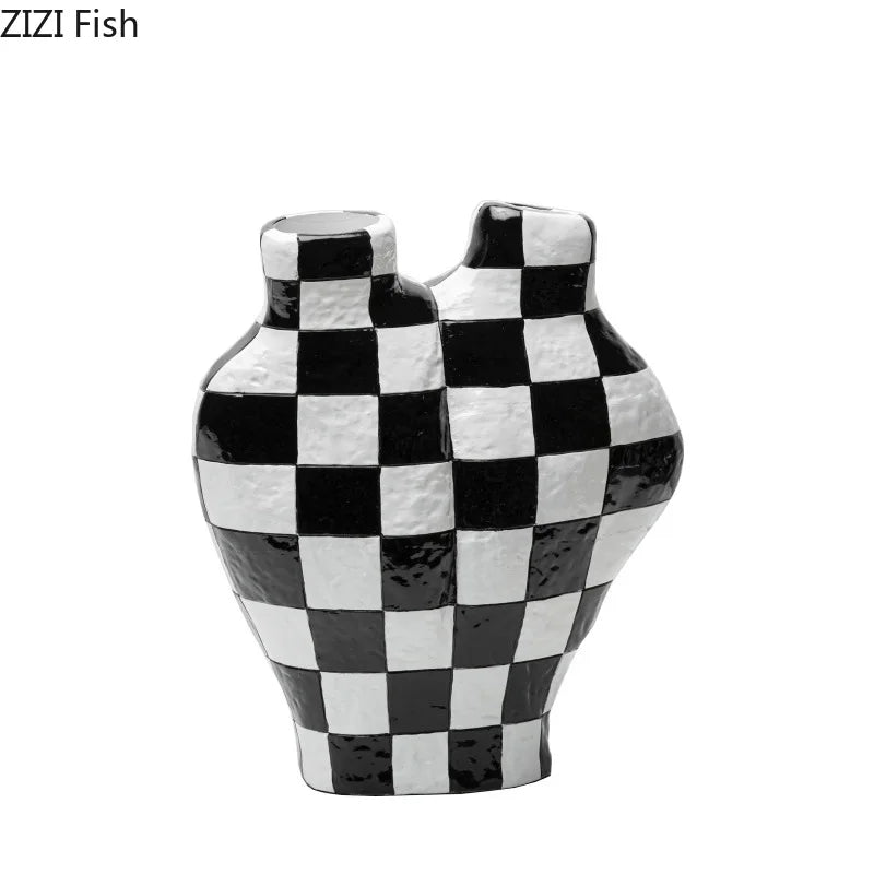 DecorBites™ Black White Check Vase Modern Crafts Room Decor Irregular Shaped Desk Decoration