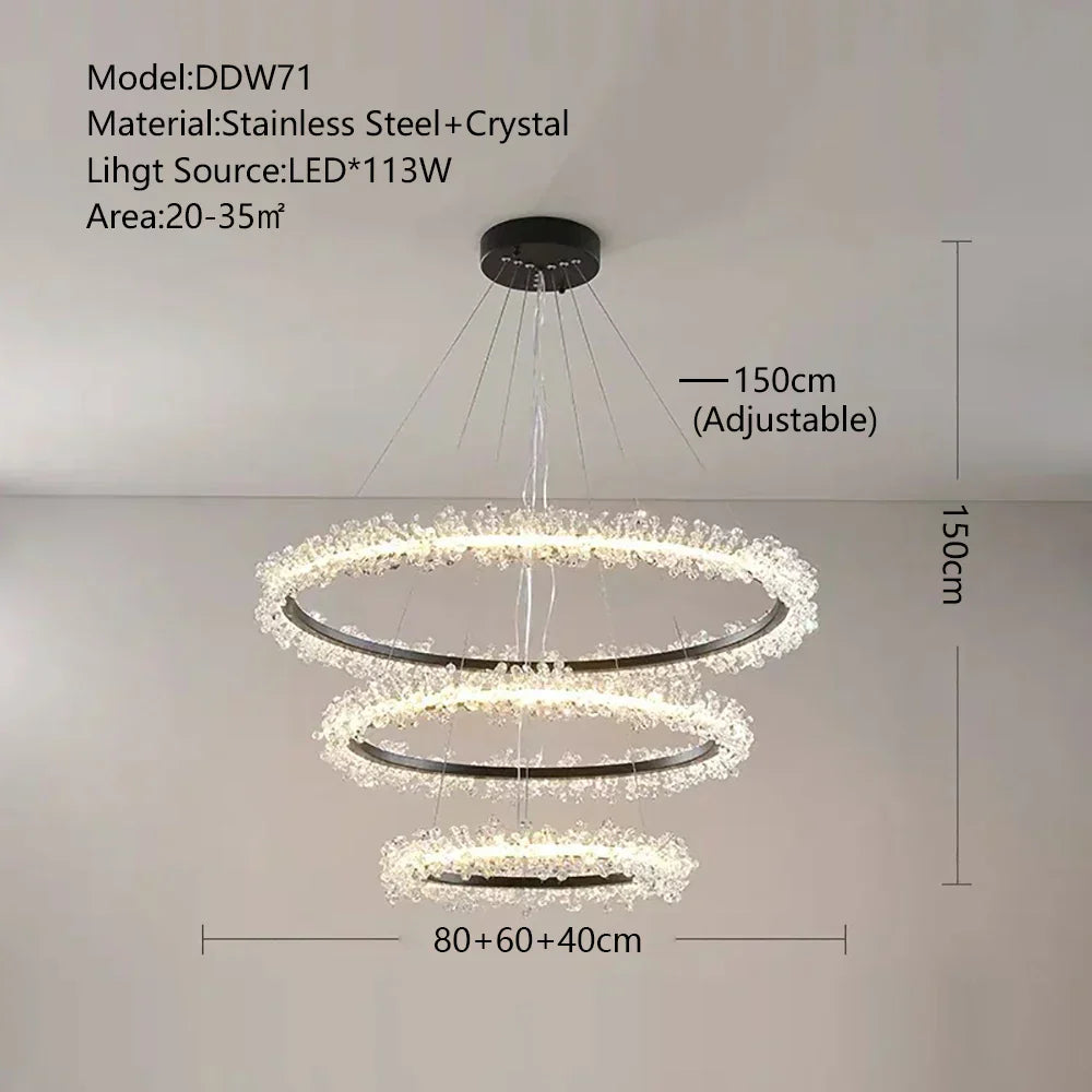 DecorBites™ Crystal Gold/Black Ring LED Chandelier: Minimalist Luxury Hanging Ceiling Light Fixtures