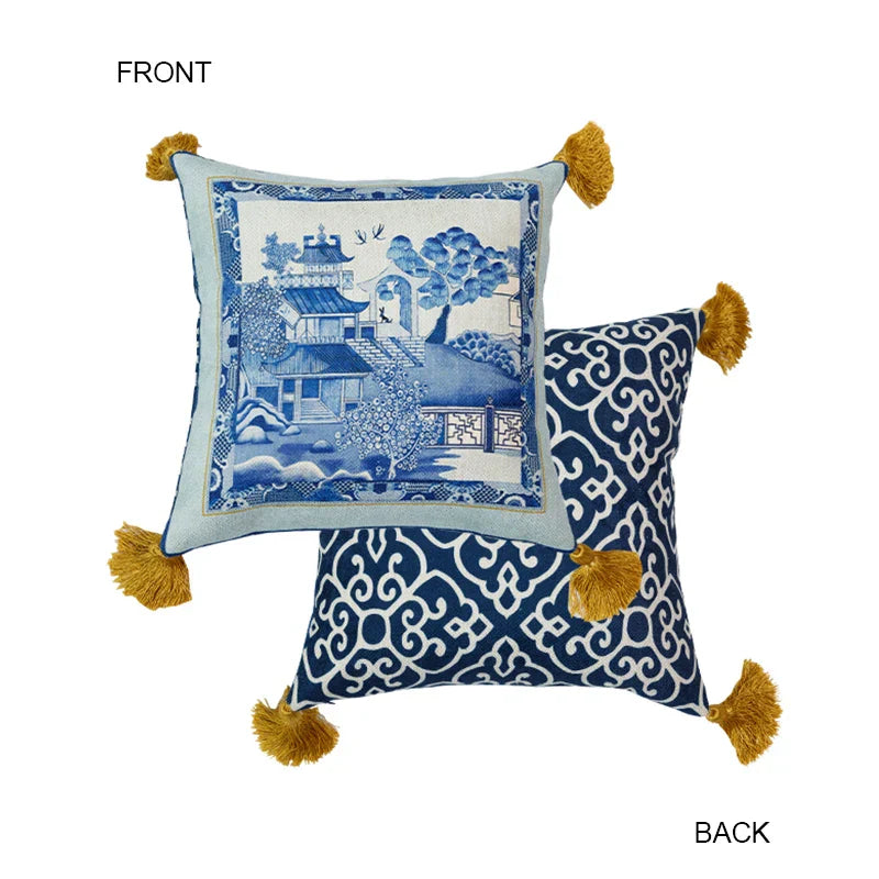 DecorBites™ Chintz Blue Cobalt Circular Throw Pillow Covers with Tassels - 35x35cm