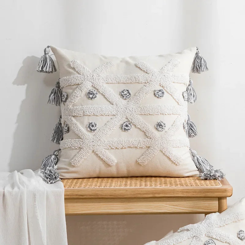 DecorBites™ Boho Loop Pillowcase - Grey Beige Tufted Cushion Cover for Home Decoration